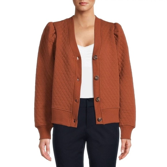 Time and Tru Sweaters - Time and True Coordinating Quilted Puff Sleeve Cardigan Sweater Orange Medium